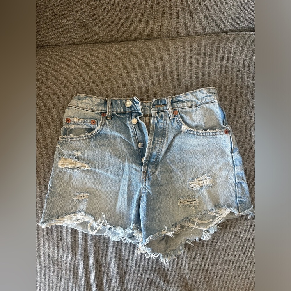 Zara Light Blue Distressed High-Rise Denim Shorts